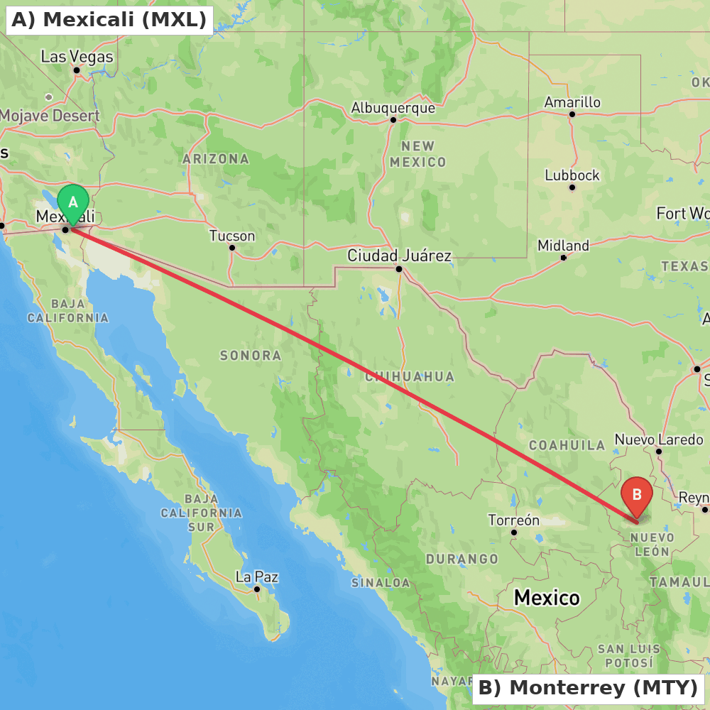 Flight route map from Mexicali to Monterrey