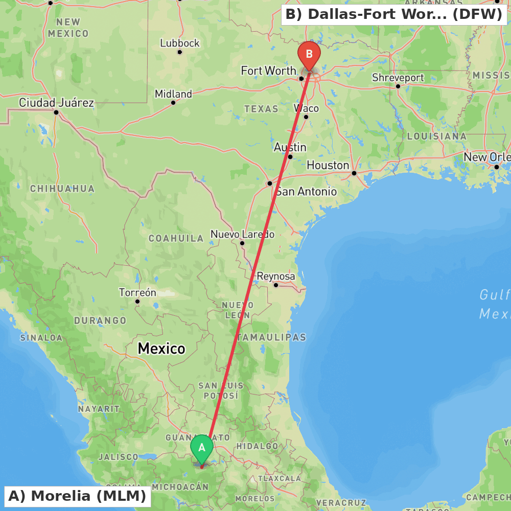 Flight route map from Morelia to Dallas-Fort Worth