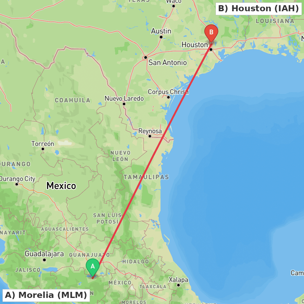 Flight route map from Morelia to Houston