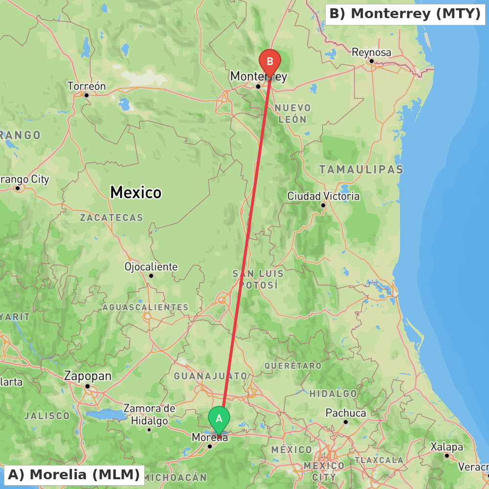 Flight route map from Morelia to Monterrey