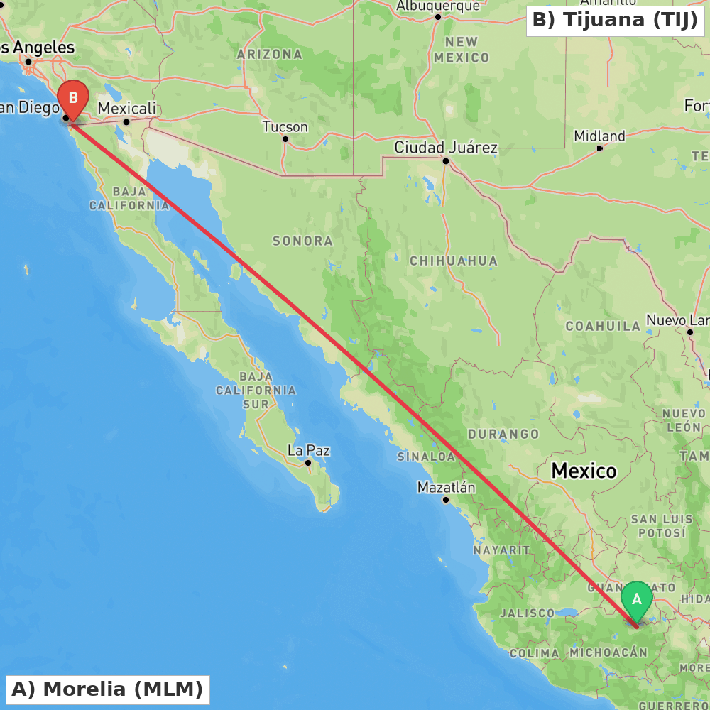 Flight route map from Morelia to Tijuana