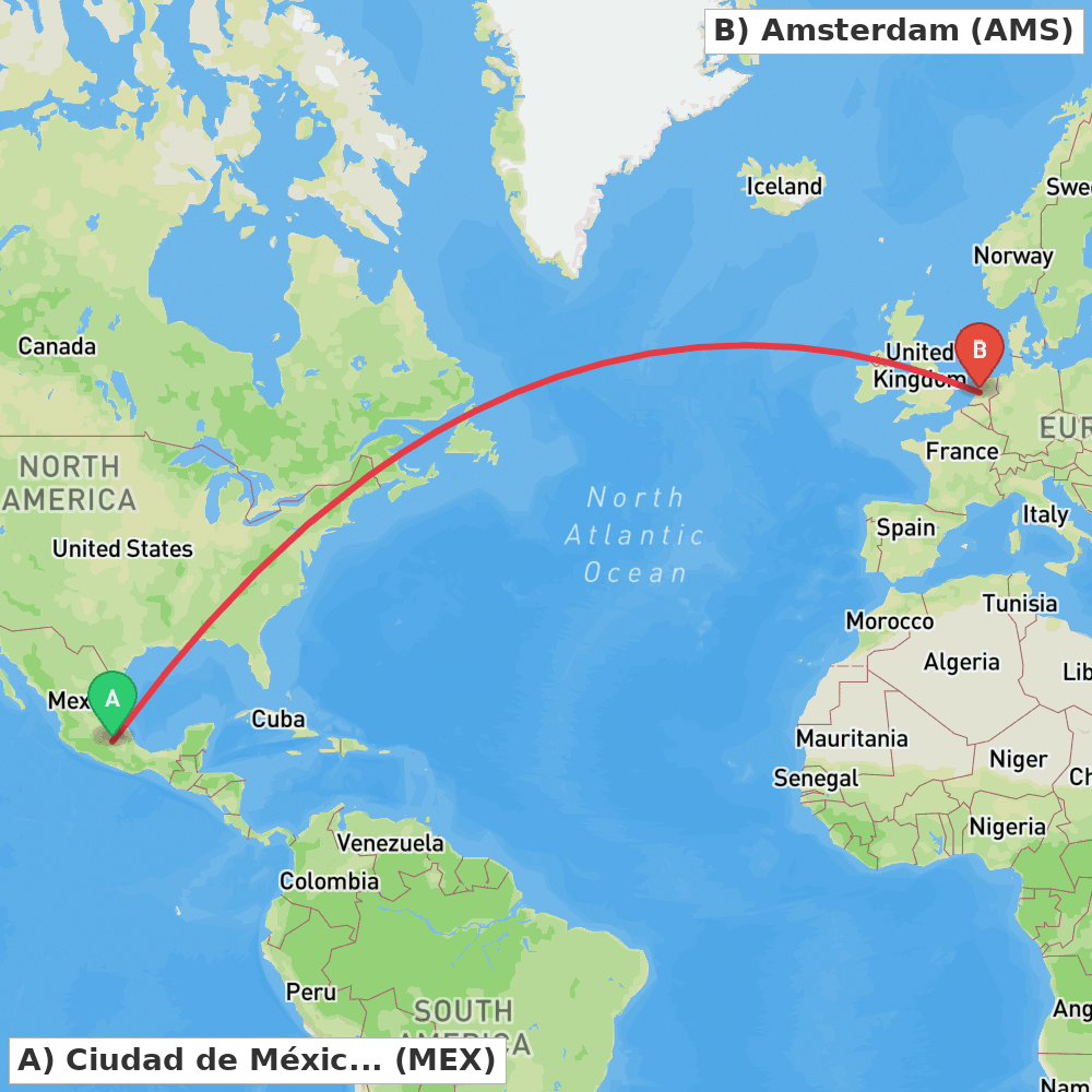 Flight route map from Ciudad de México to Amsterdam