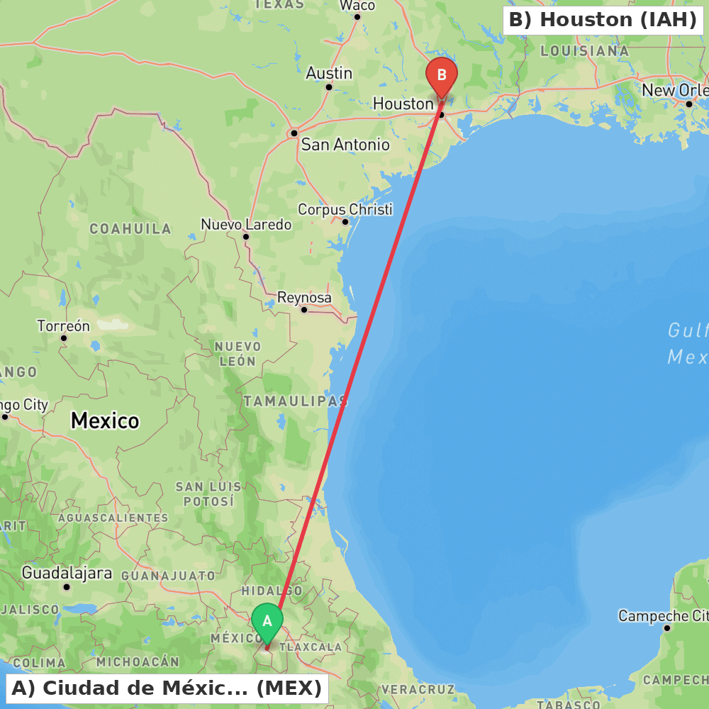 Flight route map from Ciudad de México to Houston