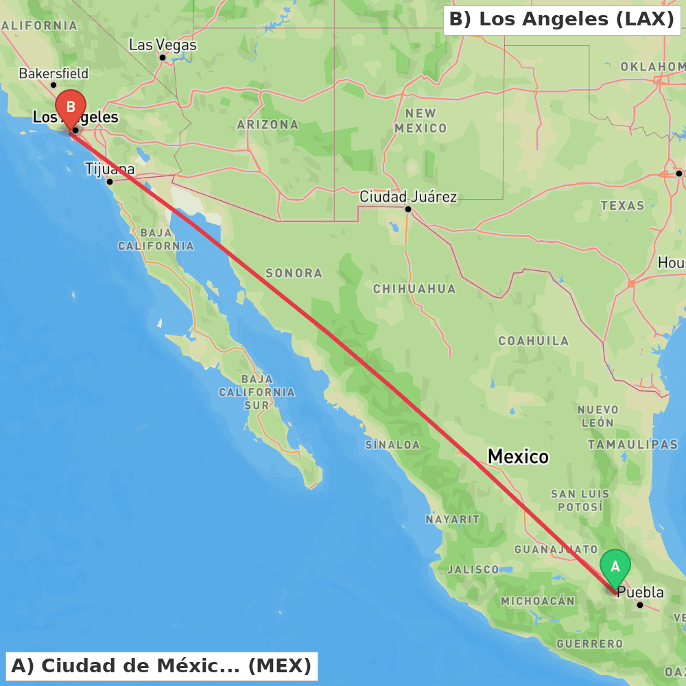 Flight route map from Ciudad de México to Los Angeles
