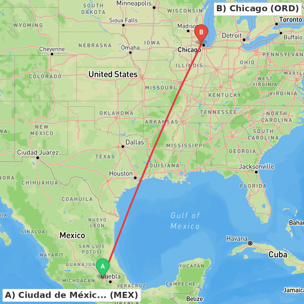 Flight route map from Ciudad de México to Chicago