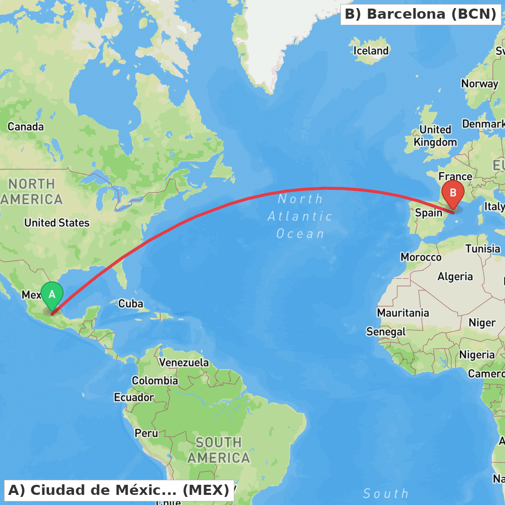 Flight route map from Ciudad de México to Barcelona