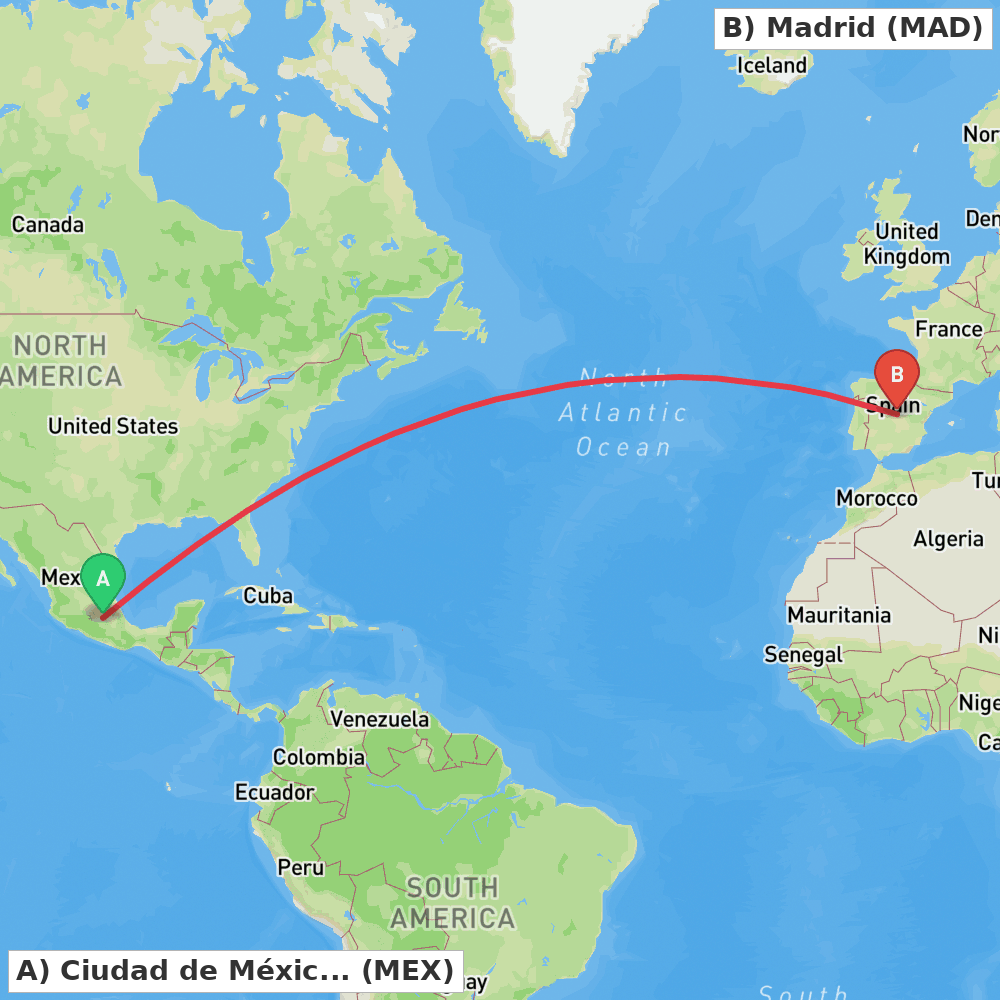 Flight route map from Ciudad de México to Madrid
