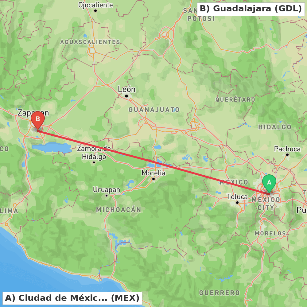 Flight route map from Ciudad de México to Guadalajara