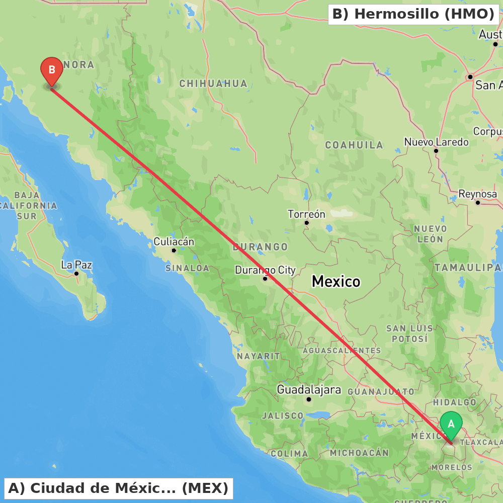 Flight route map from Ciudad de México to Hermosillo