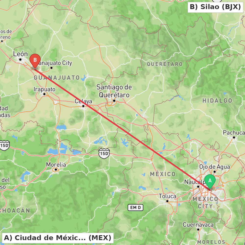 Flight route map from Ciudad de México to Silao