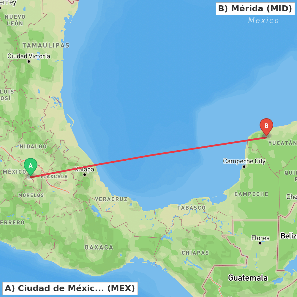 Flight route map from Ciudad de México to Mérida