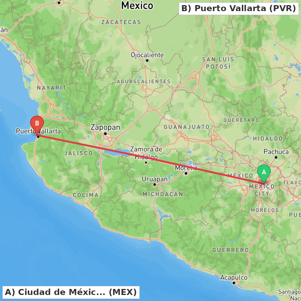 Flight route map from Ciudad de México to Puerto Vallarta