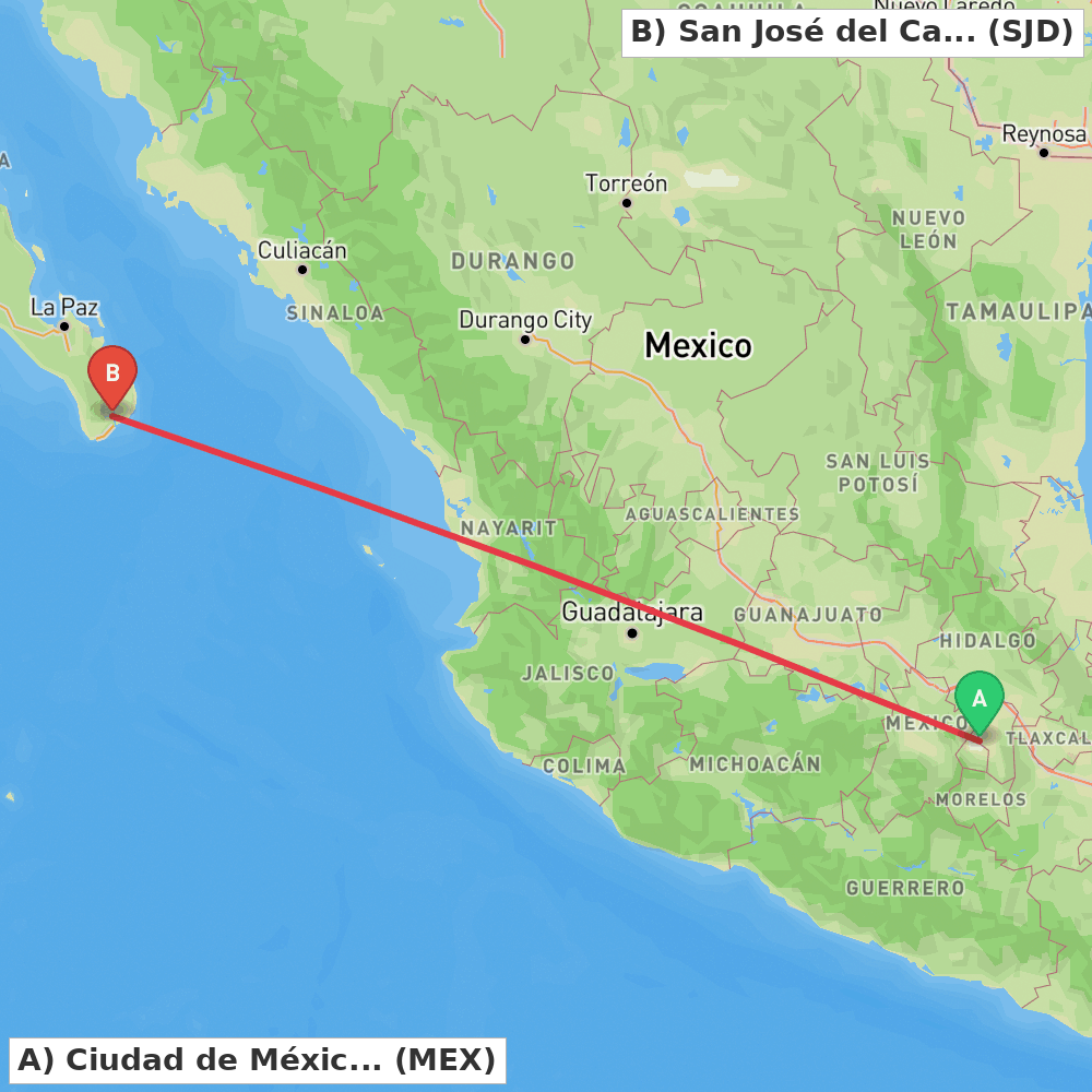 Flight route map from Ciudad de México to San José del Cabo