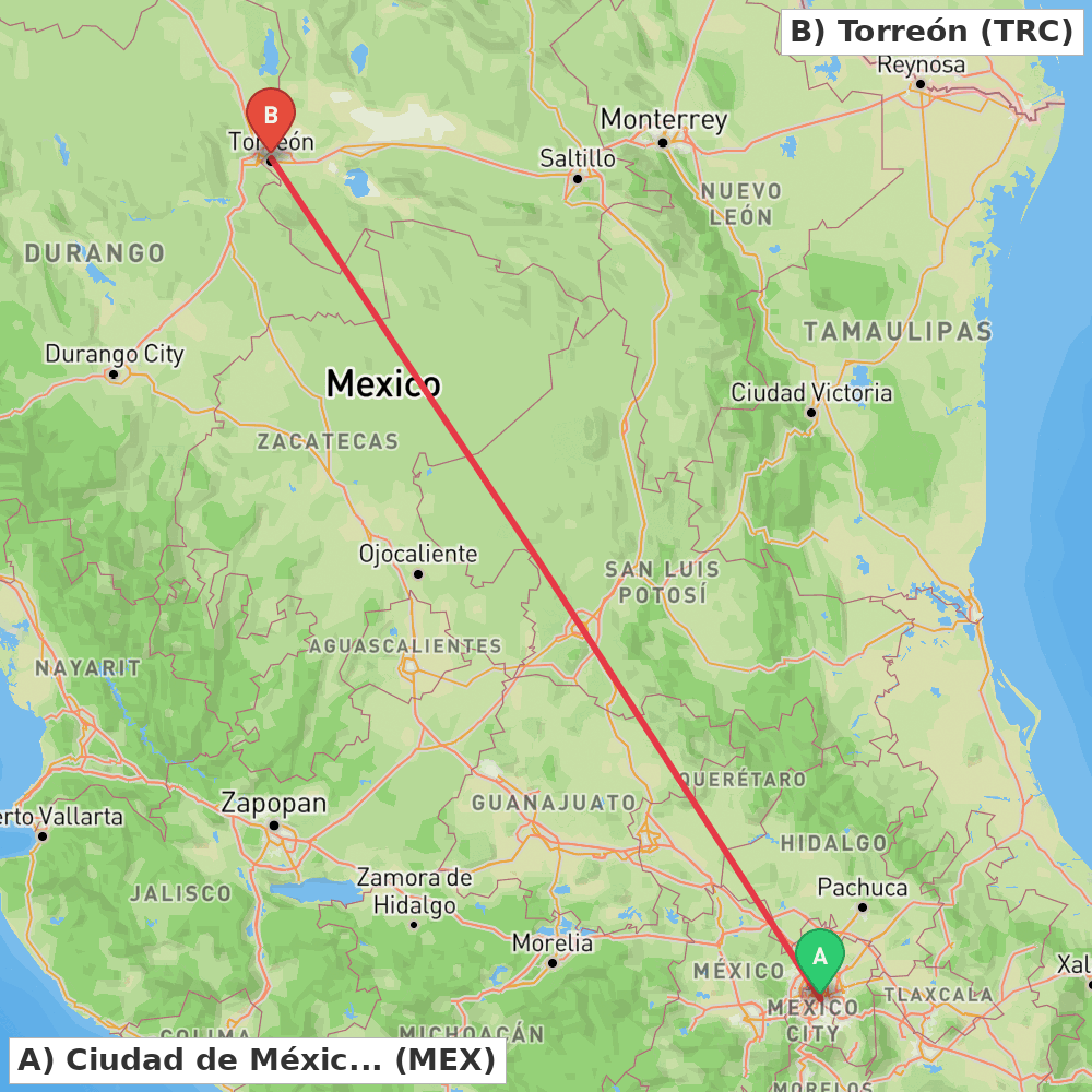 Flight route map from Ciudad de México to Torreón