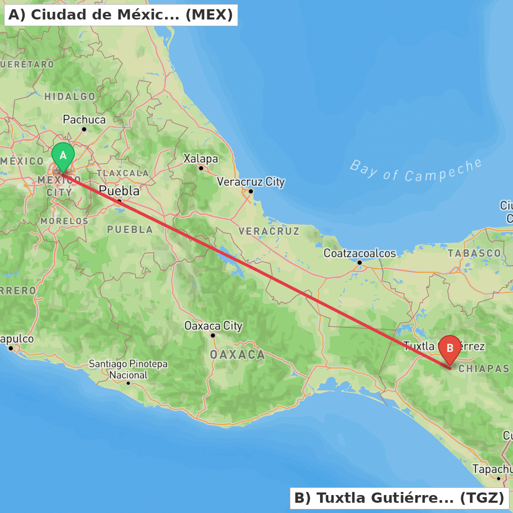 Flight route map from Ciudad de México to Tuxtla Gutiérrez