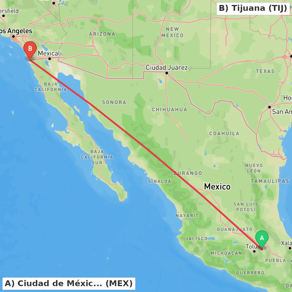 Flight route map from Ciudad de México to Tijuana