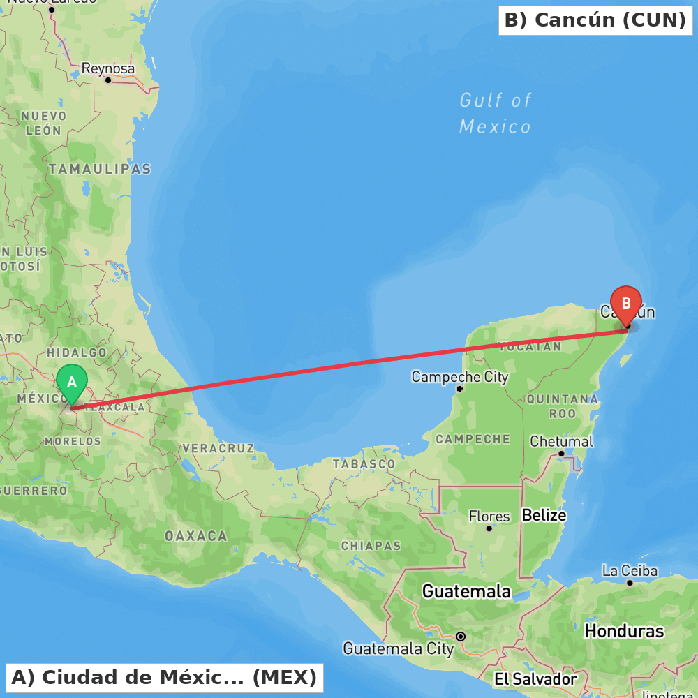 Flight route map from Ciudad de México to Cancún
