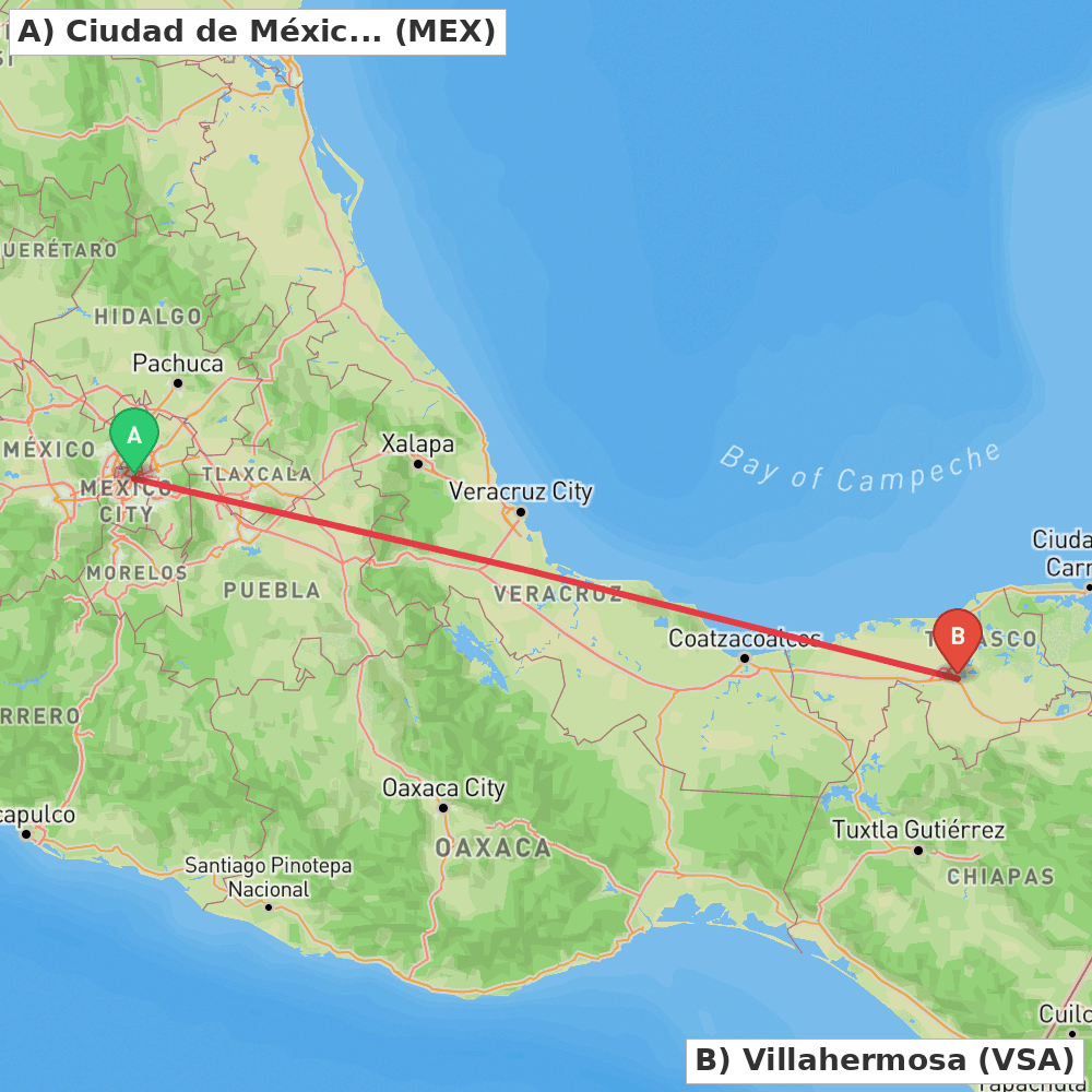 Flight route map from Ciudad de México to Villahermosa