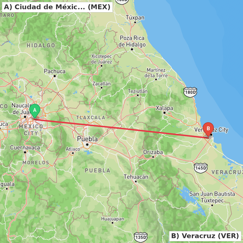 Flight route map from Ciudad de México to Veracruz