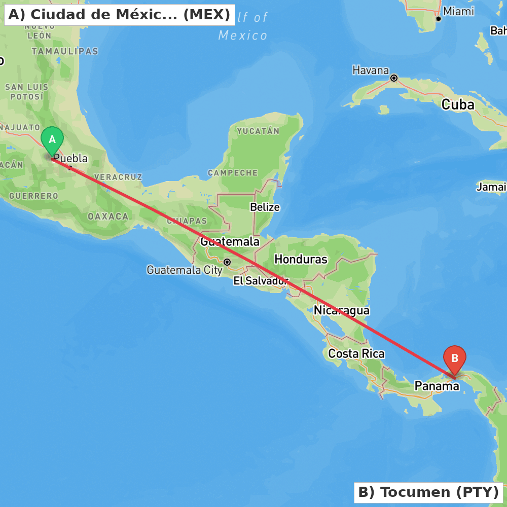 Flight route map from Ciudad de México to Tocumen