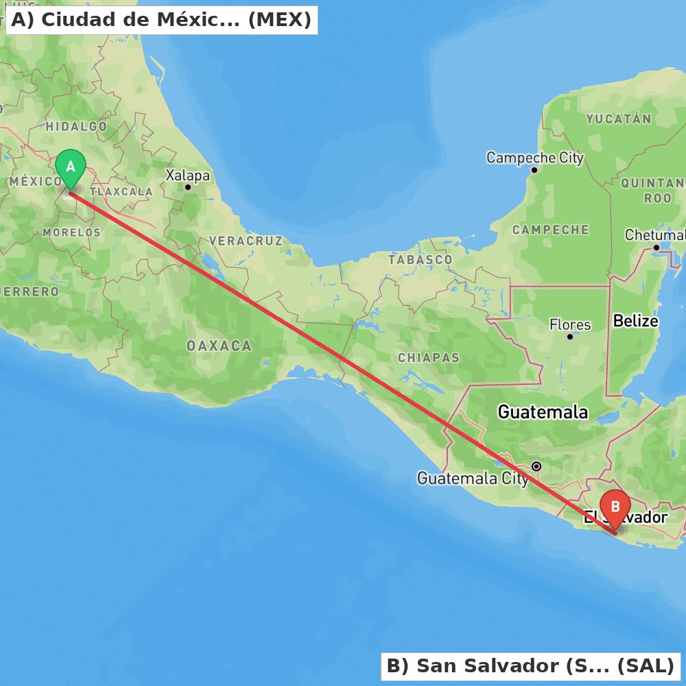 Flight route map from Ciudad de México to San Salvador (San Luis Talpa)