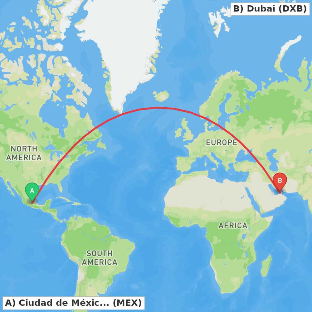 Flight route map from Ciudad de México to Dubai