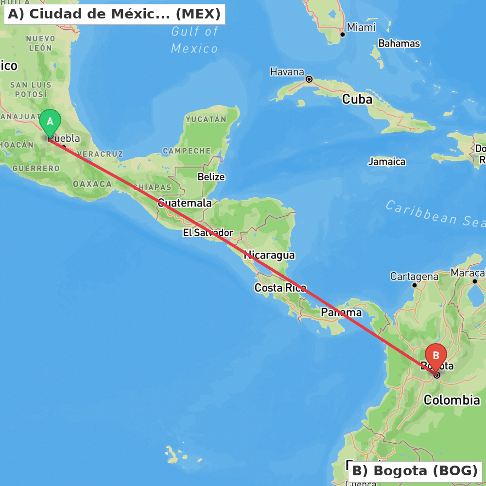 Flight route map from Ciudad de México to Bogota