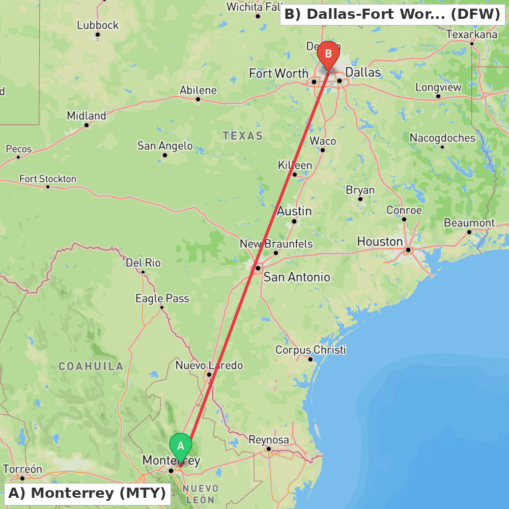 Flight route map from Monterrey to Dallas-Fort Worth