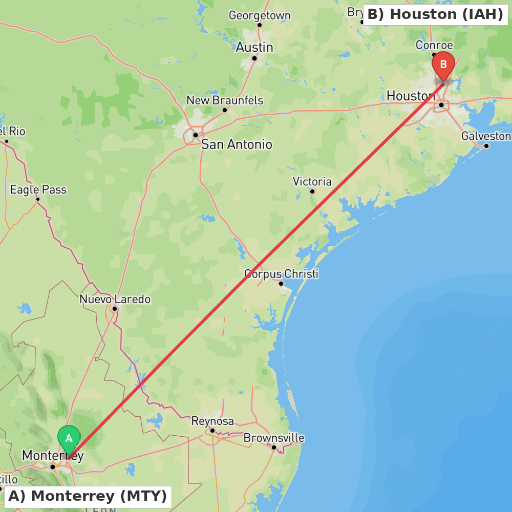 Flight route map from Monterrey to Houston