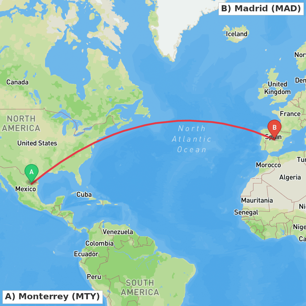 Flight route map from Monterrey to Madrid