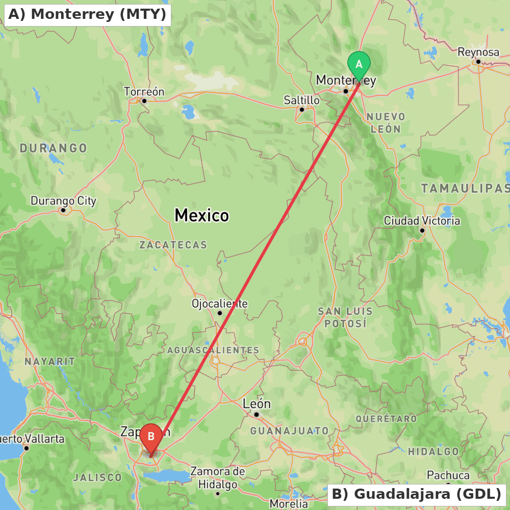 Flight route map from Monterrey to Guadalajara