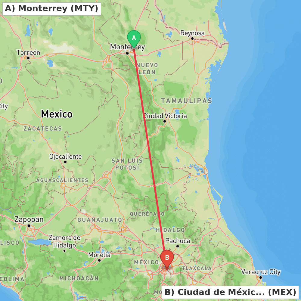 Flight route map from Monterrey to Ciudad de México