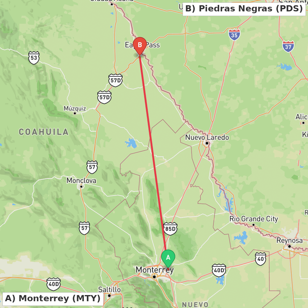 Flight route map from Monterrey to Piedras Negras