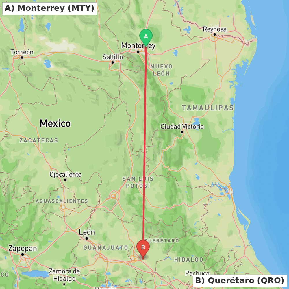 Flight route map from Monterrey to Querétaro