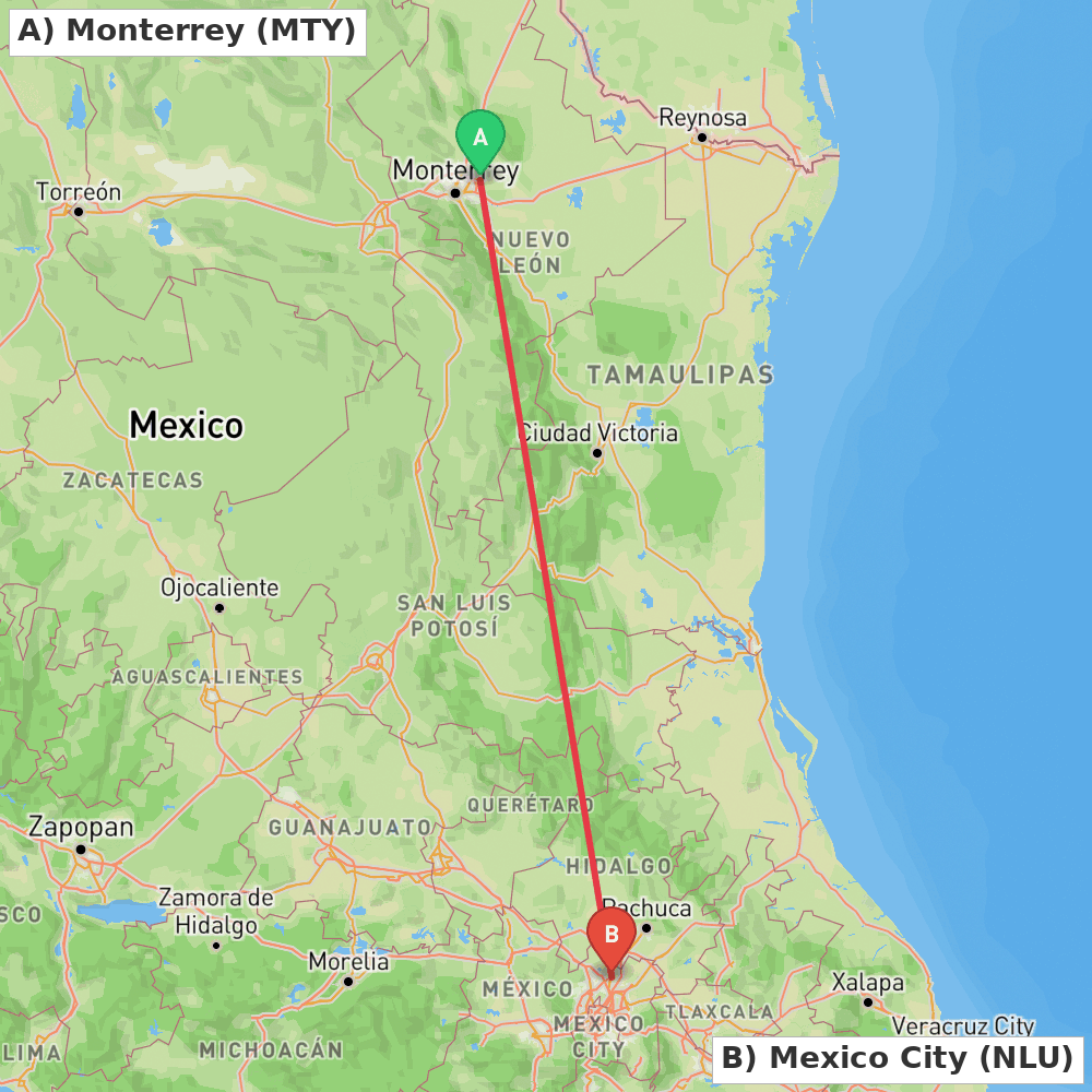 Flight route map from Monterrey to Mexico City