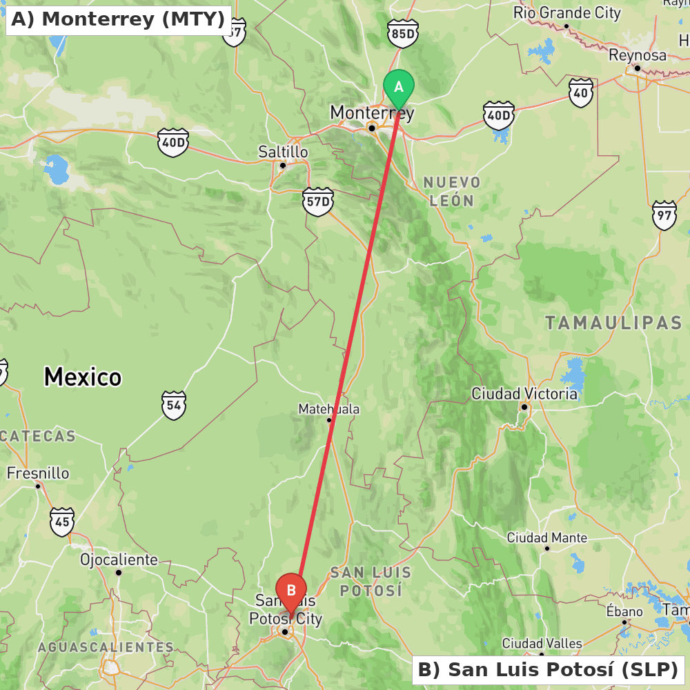Flight route map from Monterrey to San Luis Potosí