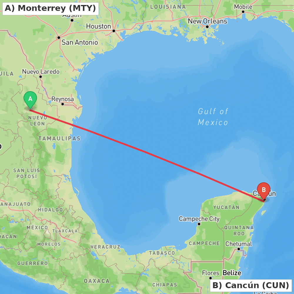 Flight route map from Monterrey to Cancún