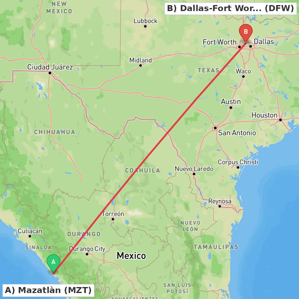 Flight route map from Mazatlàn to Dallas-Fort Worth