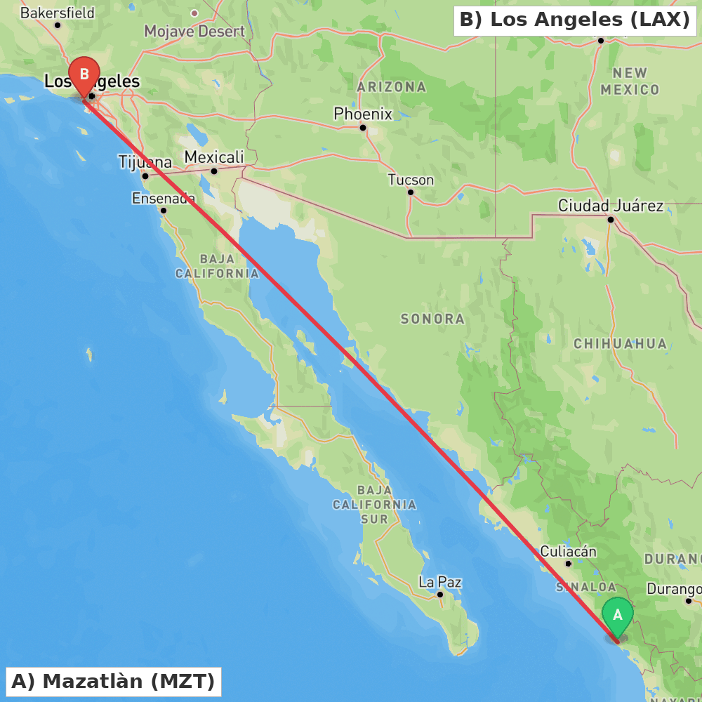 Flight route map from Mazatlàn to Los Angeles