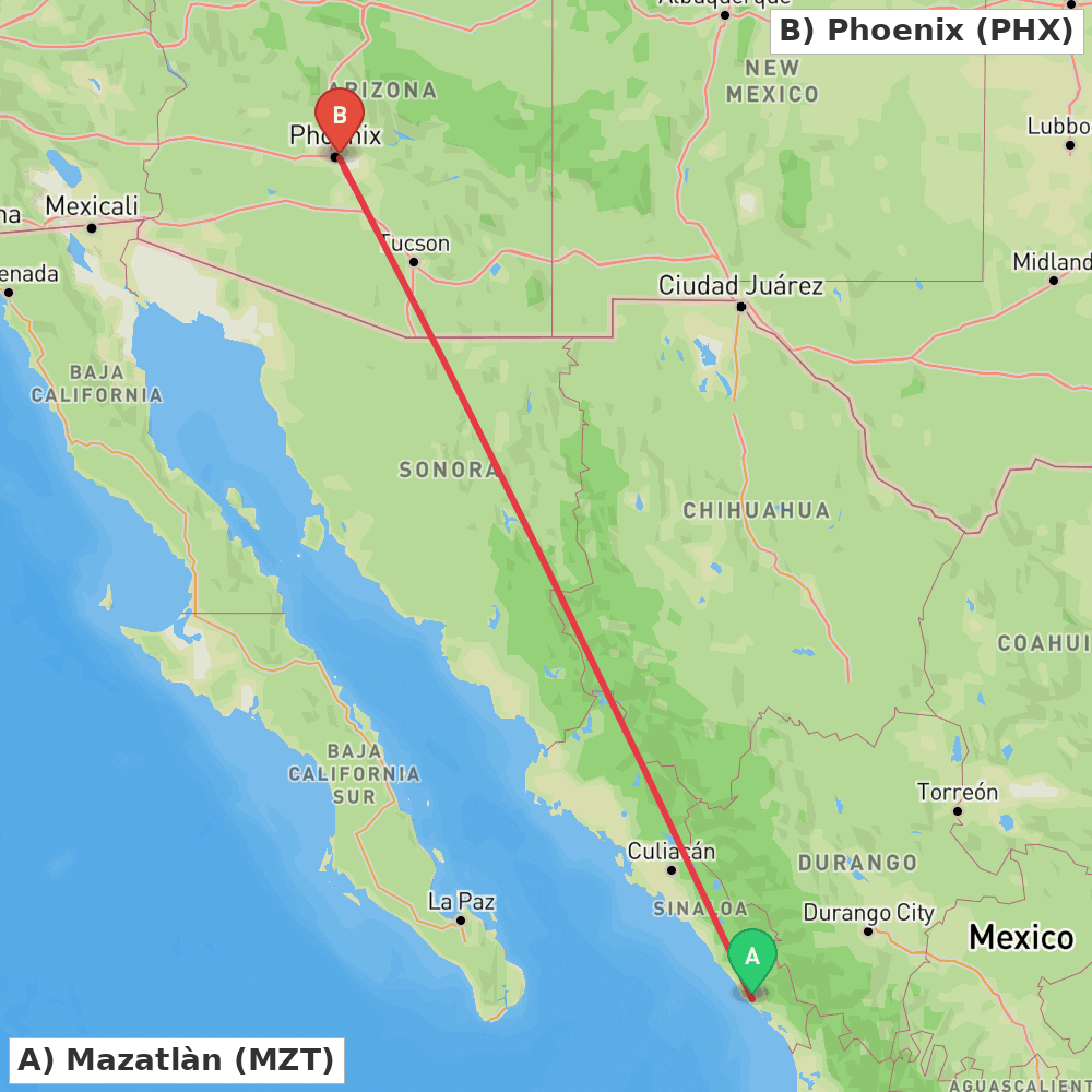 Flight route map from Mazatlàn to Phoenix
