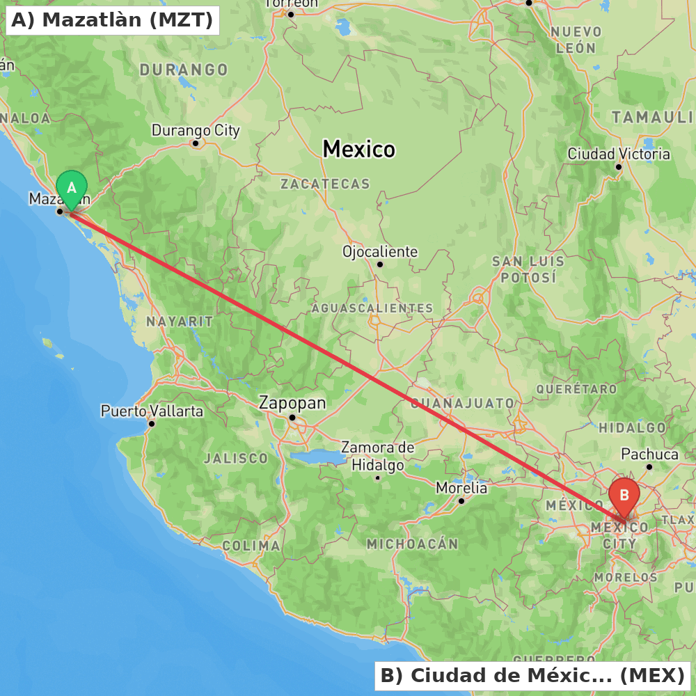 Flight route map from Mazatlàn to Ciudad de México