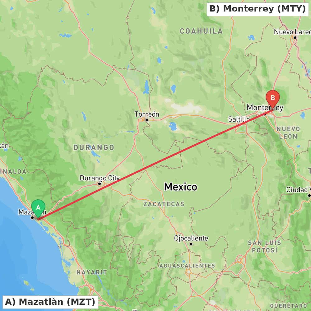 Flight route map from Mazatlàn to Monterrey