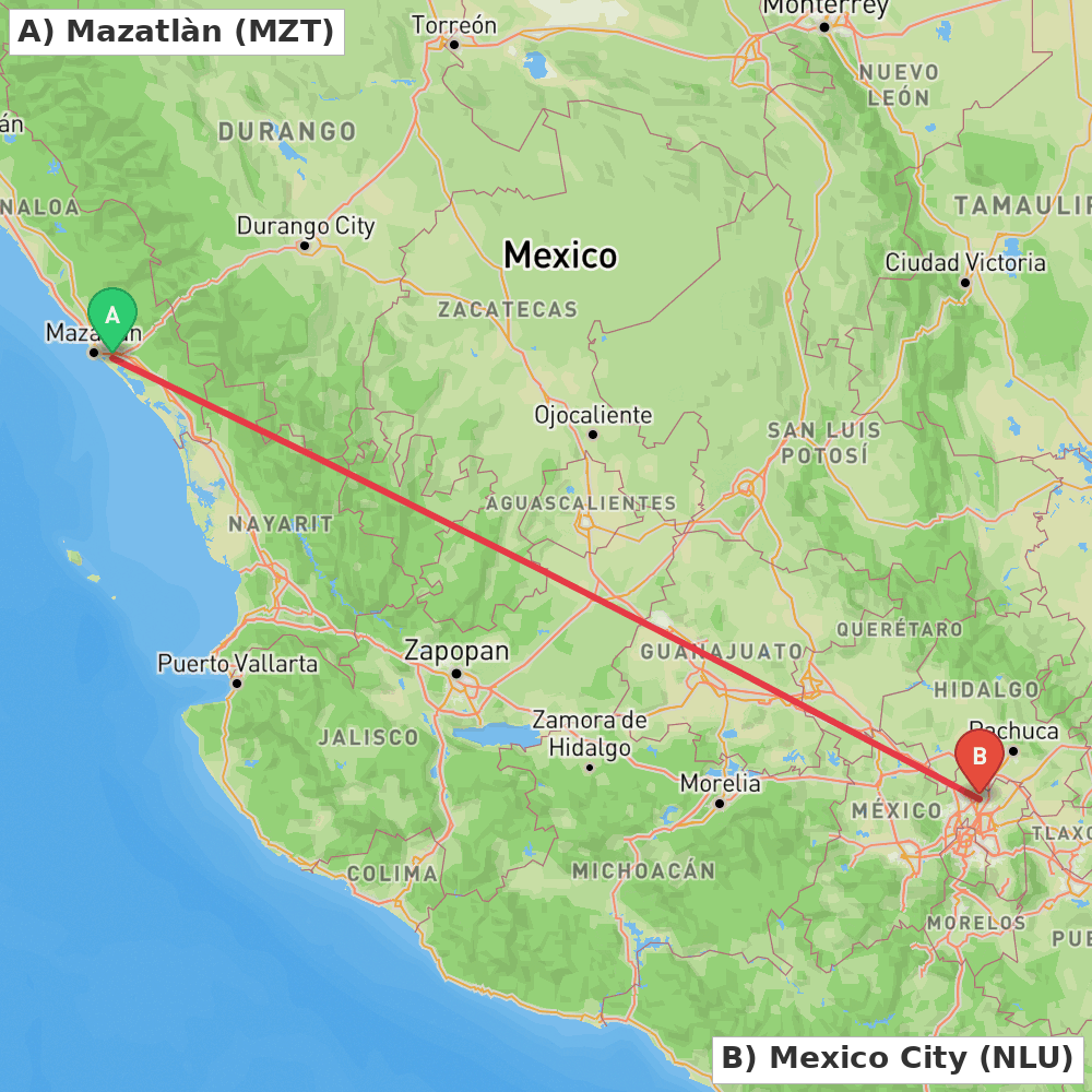 Flight route map from Mazatlàn to Mexico City