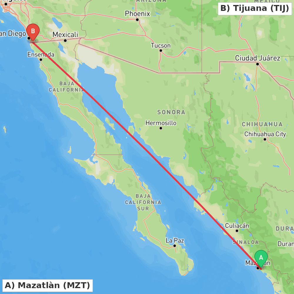 Flight route map from Mazatlàn to Tijuana