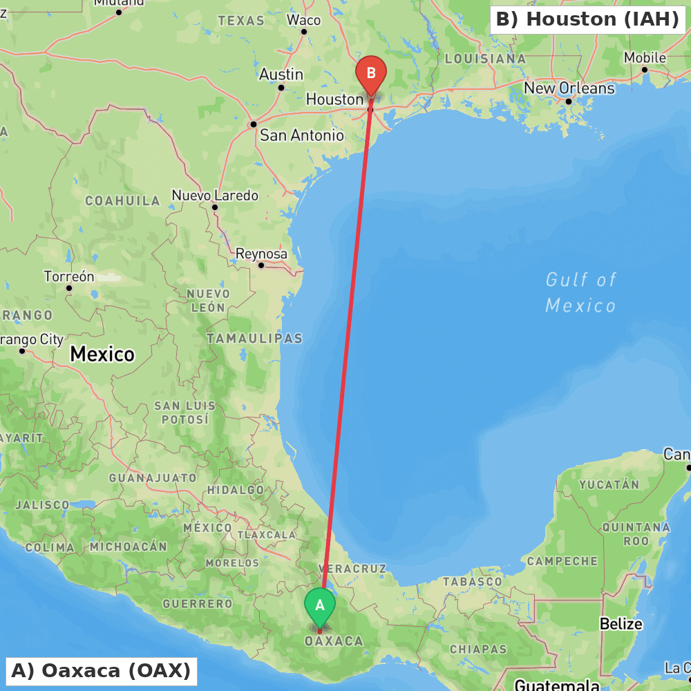 Flight route map from Oaxaca to Houston
