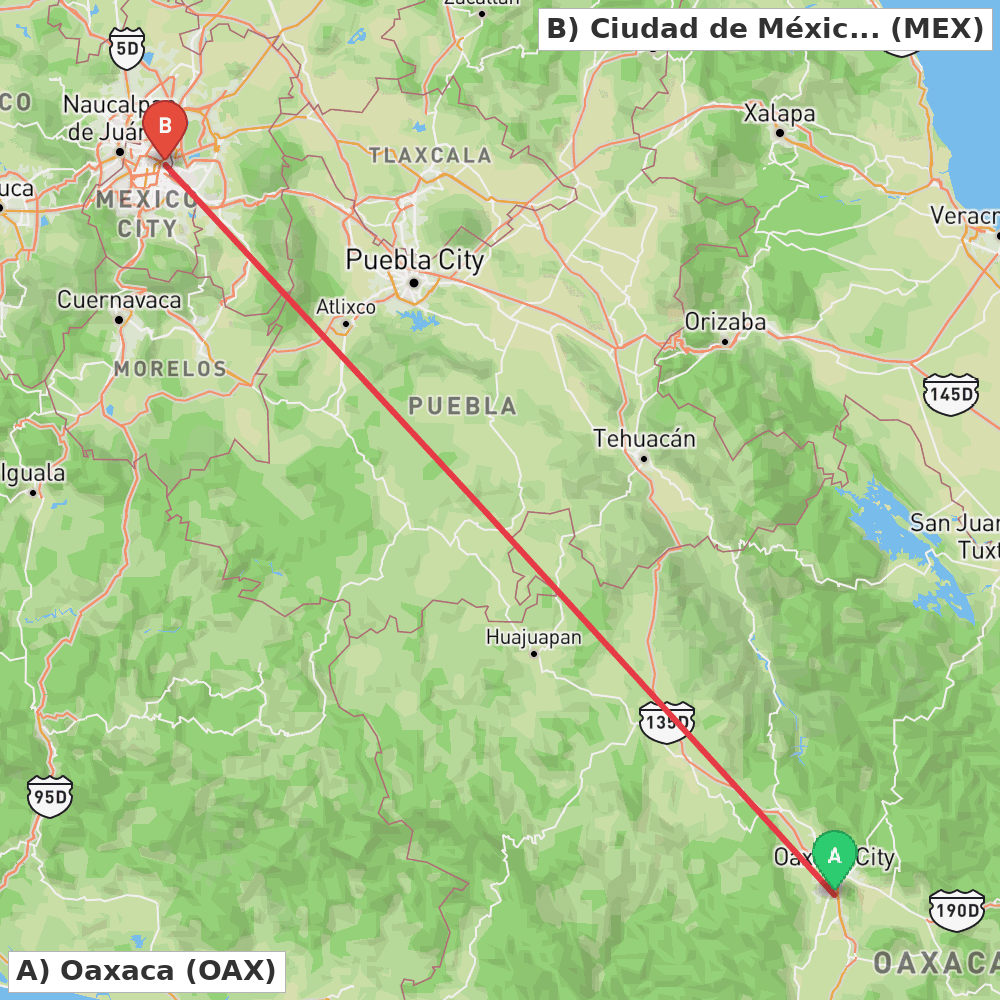 Flight route map from Oaxaca to Ciudad de México