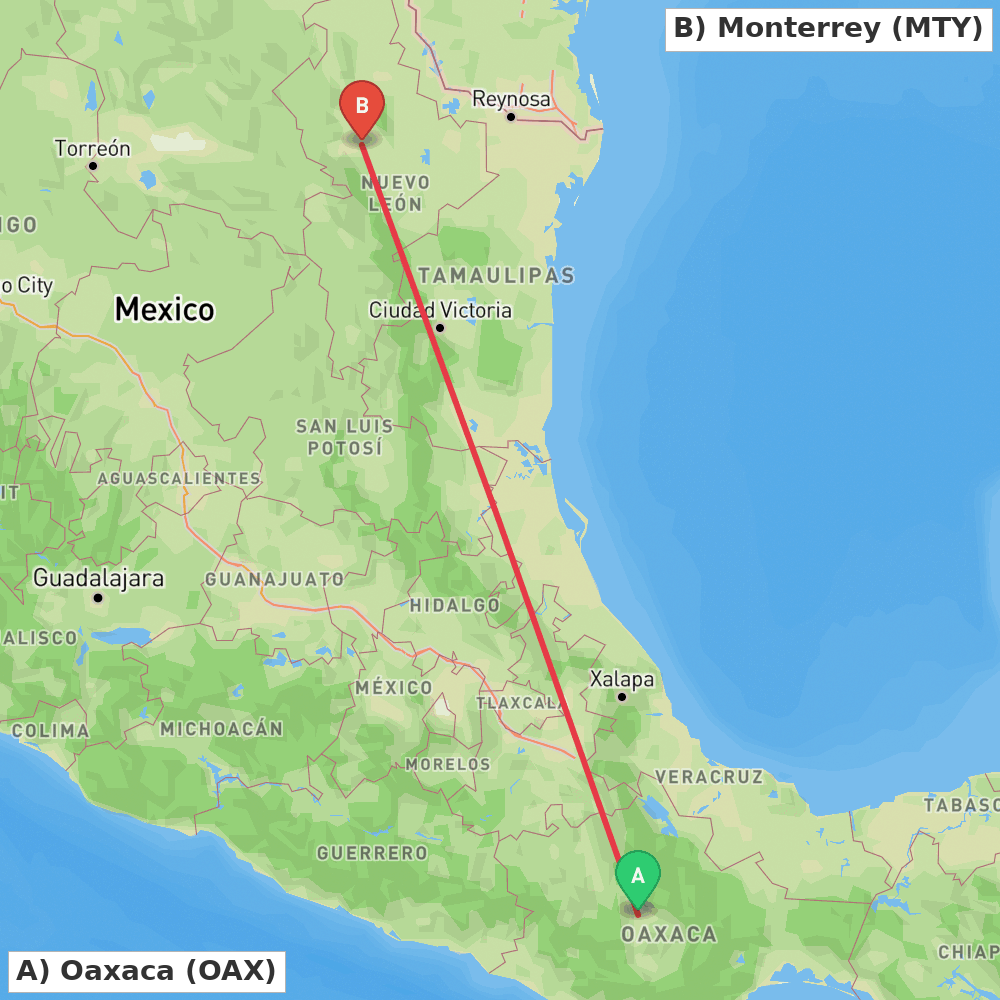 Flight route map from Oaxaca to Monterrey