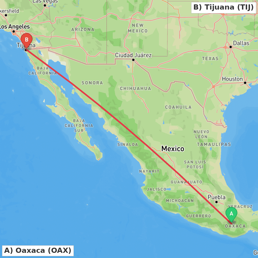 Flight route map from Oaxaca to Tijuana
