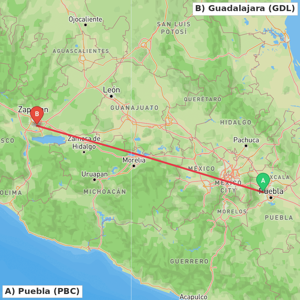 Flight route map from Puebla to Guadalajara