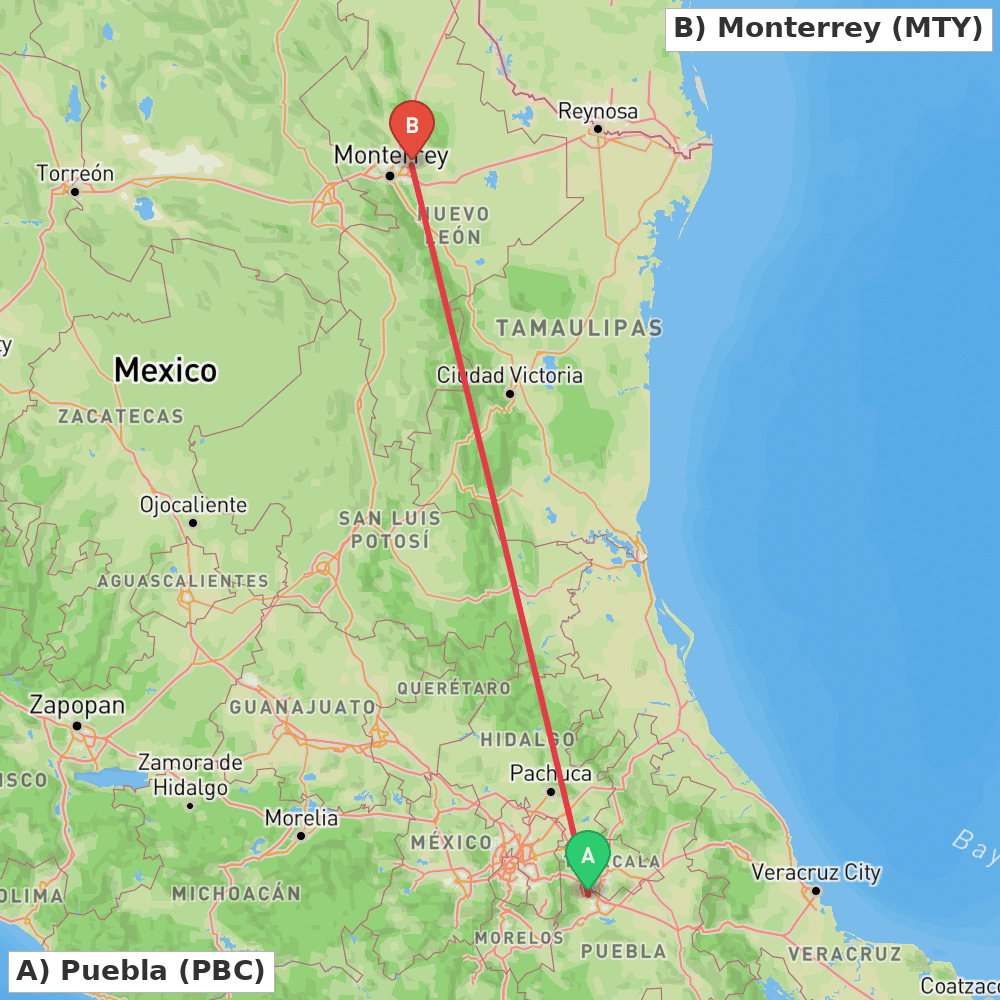 Flight route map from Puebla to Monterrey